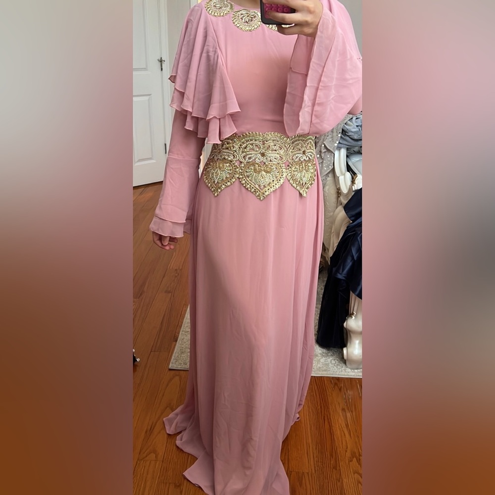 Modest, long sleeve, long, pink gown
